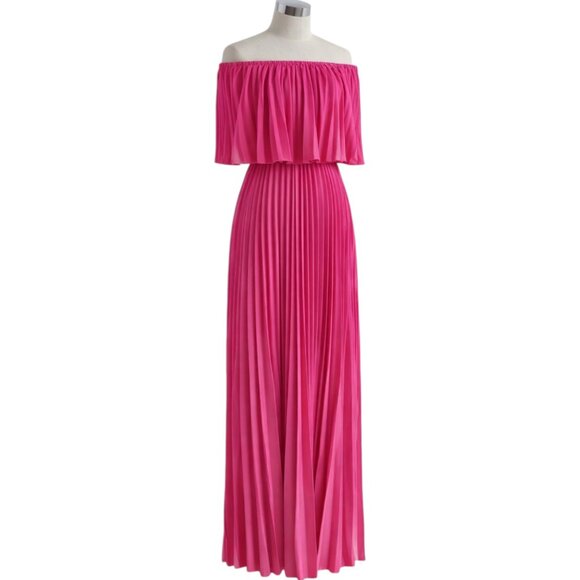 Hot Pink Women's Off Shoulder Pleated Maxi Dress - Fuchsia Flowy Boho Chic L - Picture 6 of 9
